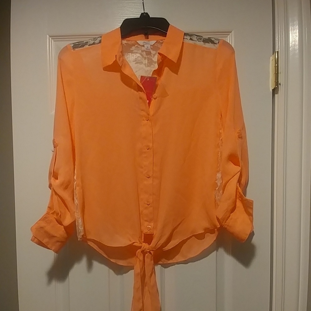 NWT Long sleeve neon coral and lace blouse
